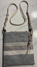 BOLSO BANDOLERA SUN 'N' SAND Playa Beige Blanco Negro Rayas Cuentas Lona