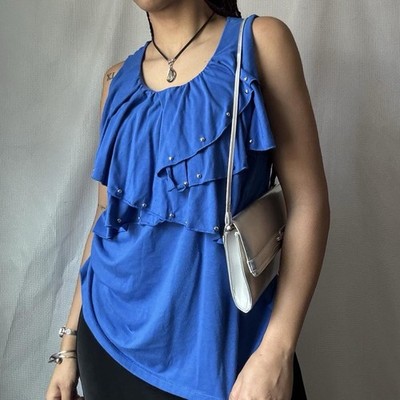 Vintage studded blouse Blue Y2k ruffle tank with silver studs #y2k #vintage