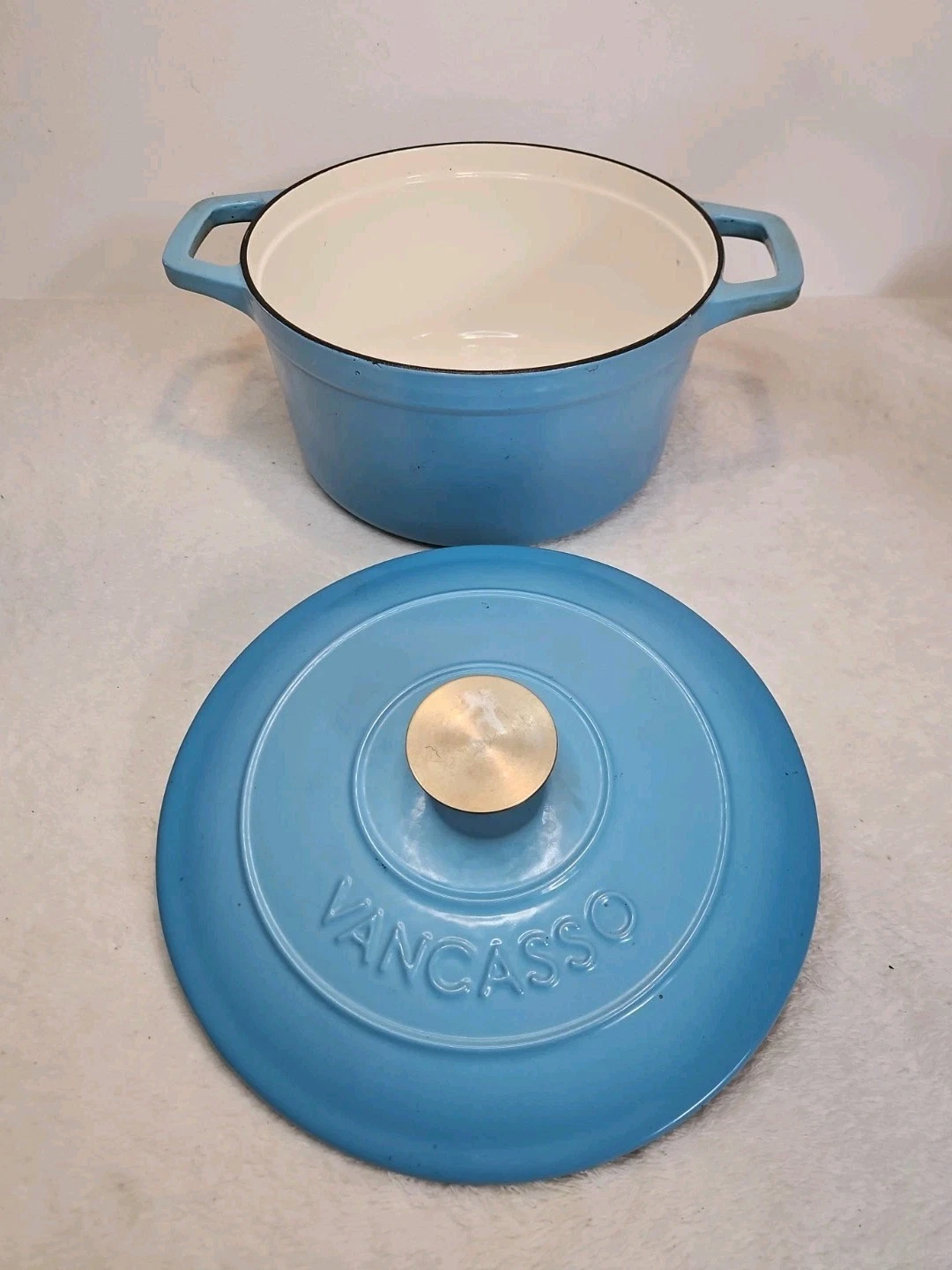Large Vancasso 4.25L Blue Cast Iron Enameled Casserole Dish Dutch Oven & Lid Vgc