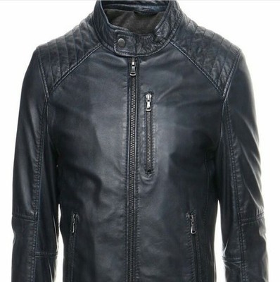 Men s Black Café Racer Leather Jacket Genuine Motorcycle Biker Zip Jacket