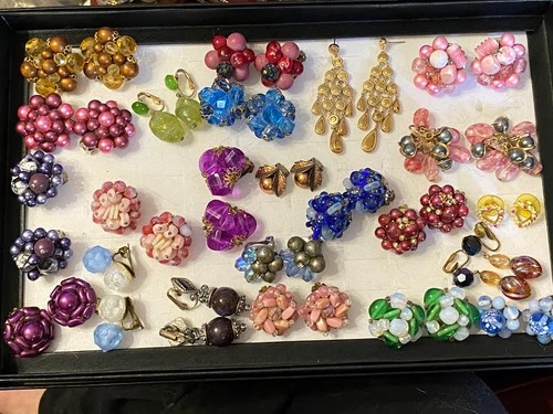 23 Piece Vintage Costume Jewelry Earrings 1 Copper Bell Trading Post Rhinestone