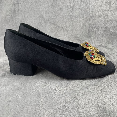 Vintage Luc Matisse Heels Womens 38.5 /8 Black Satin Golden Crown Accent Italian - Picture 7 of 13