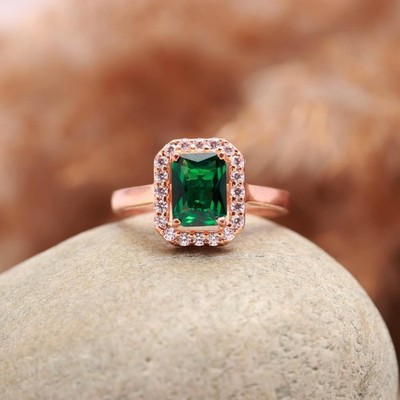 Emerald Cut Green Emerald with Moissanite Halo Ring | 925 Sterling Silver Ring