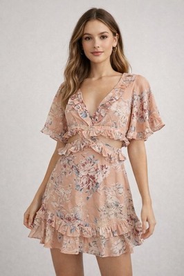 Angel Biba Peach Floral Ruffle Cutout Back Mini Dress Boho Festival NWT Size S