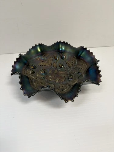 Northwood Electric Amethyst, Stippled, Ruffled Edge, Rib Back, Strawberry Bowl.