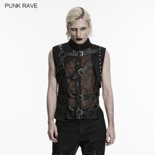 Punk Rave Men Gothic Punk Asymmetrical Fake Two-Piece Mesh Vest Buckle Details