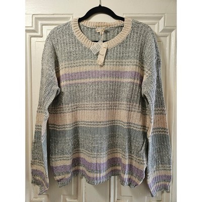 Hem & Thread Striped Open Knit Sweater Sage Cream Lavender Crewneck Pullover