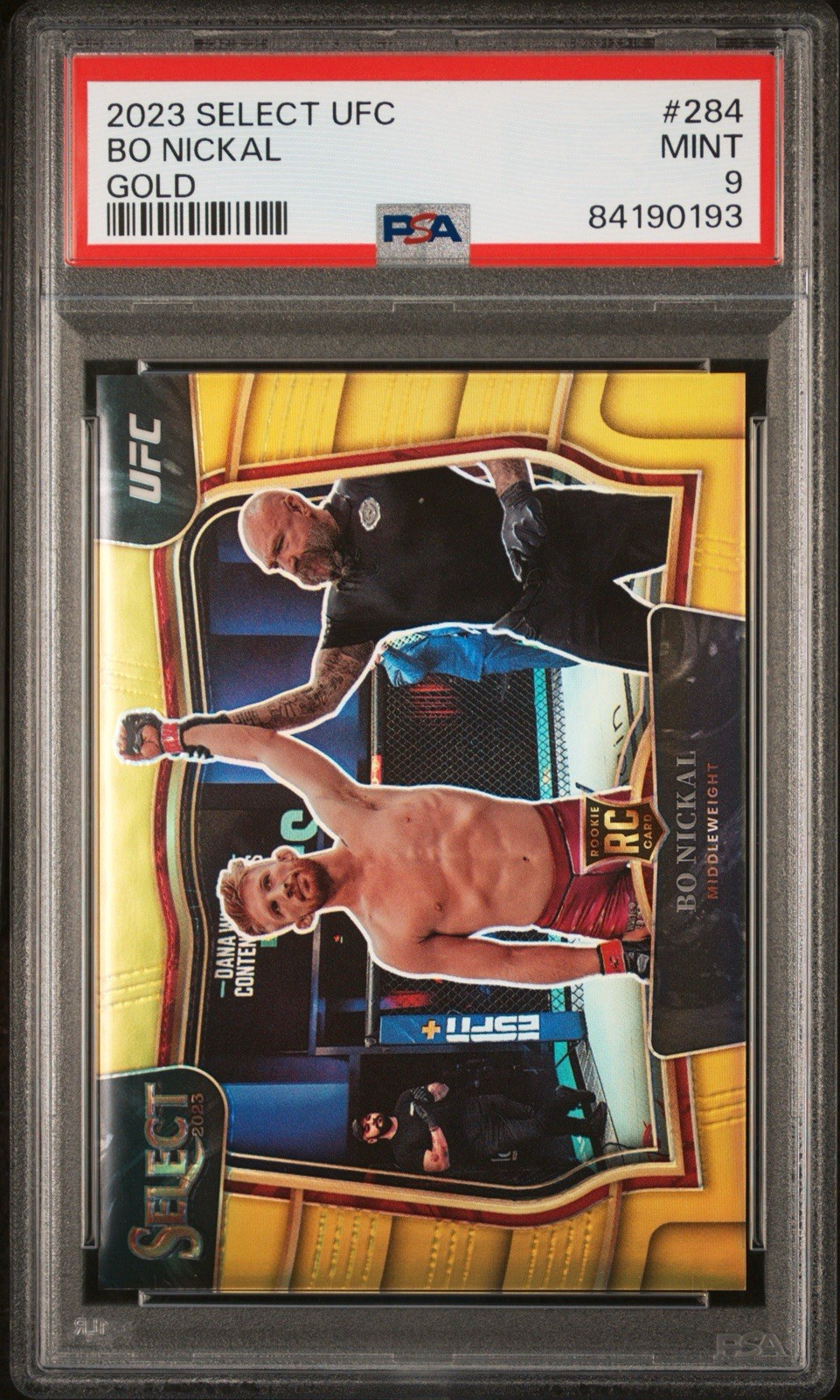 2023 Panini Select UFC Octagonside Bo Nickal #284 Gold /10 PSA 9 Pop 3 None High view 1