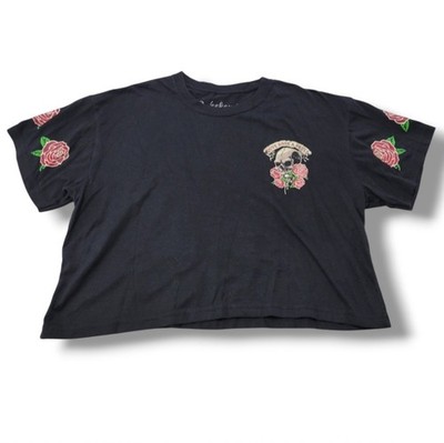 Weekend Warrior Top Size Large L Crop Top Skull And Roses Graphic Print T-Shirt