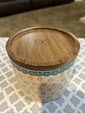 The Pioneer Woman Ceramic Stoneware Yellow/teal Circular Container w/ Wooden Lid