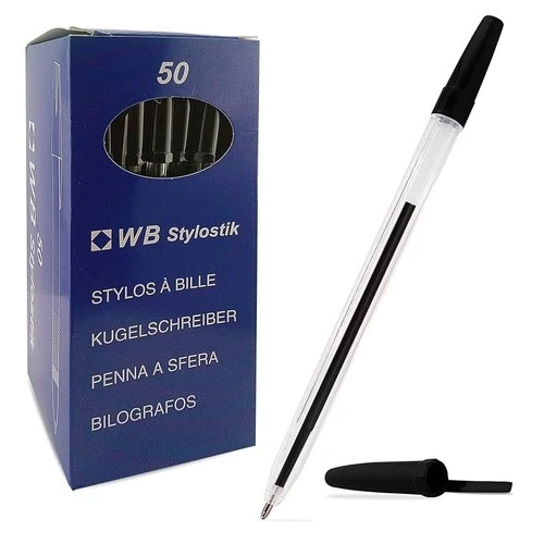 Box of 50 Stylostik Black Pens Biros Educational Grade Textured Grip Ballpoint