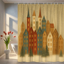 Christmas Themed Shower Curtain with Colorful Houses and Trees