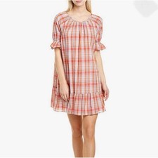 Madewell Plaid Ruffle-Hem Mini Dress Medium Pink Orange Cottagecore