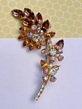 Juliana Brooch Floral Spray Topaz AB & Open-back Rhinestones Dimensional 3" Vtg