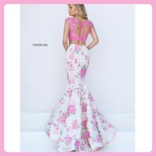 Sherri Hill Pink Lace Sequin Top Open Back Bow Tie Crop Party Evening Cocktail