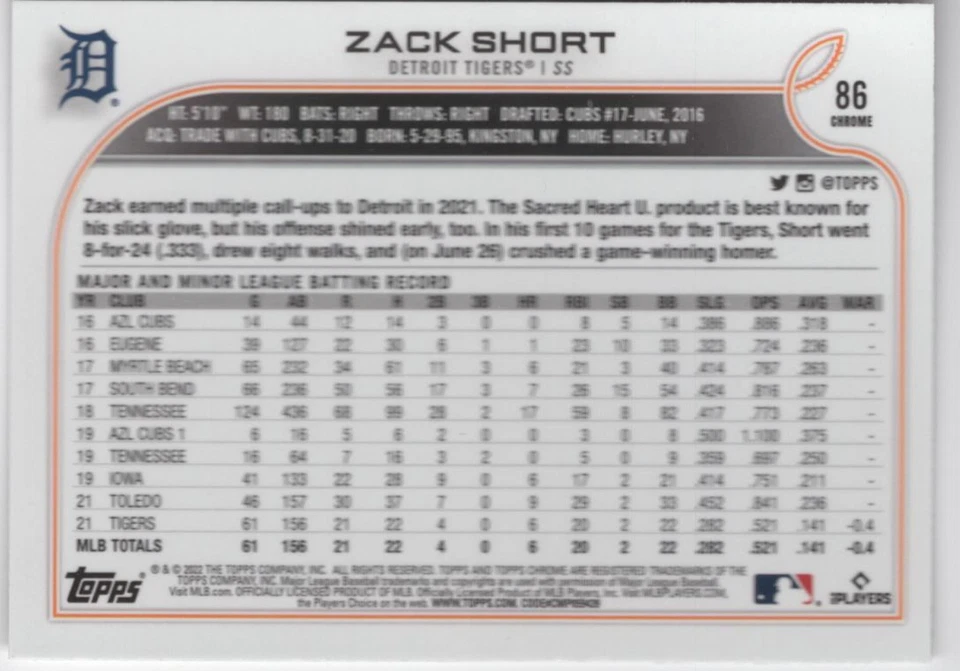 2022 Topps Chrome ROOKIE Zack Short Rookie Detroit Tigers #86 R117 - Image 2 of 2
