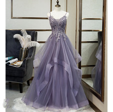 Elegant Purple V Neck Wedding Dresses Lace Applique Ruffles Lace Up Bridal Gowns