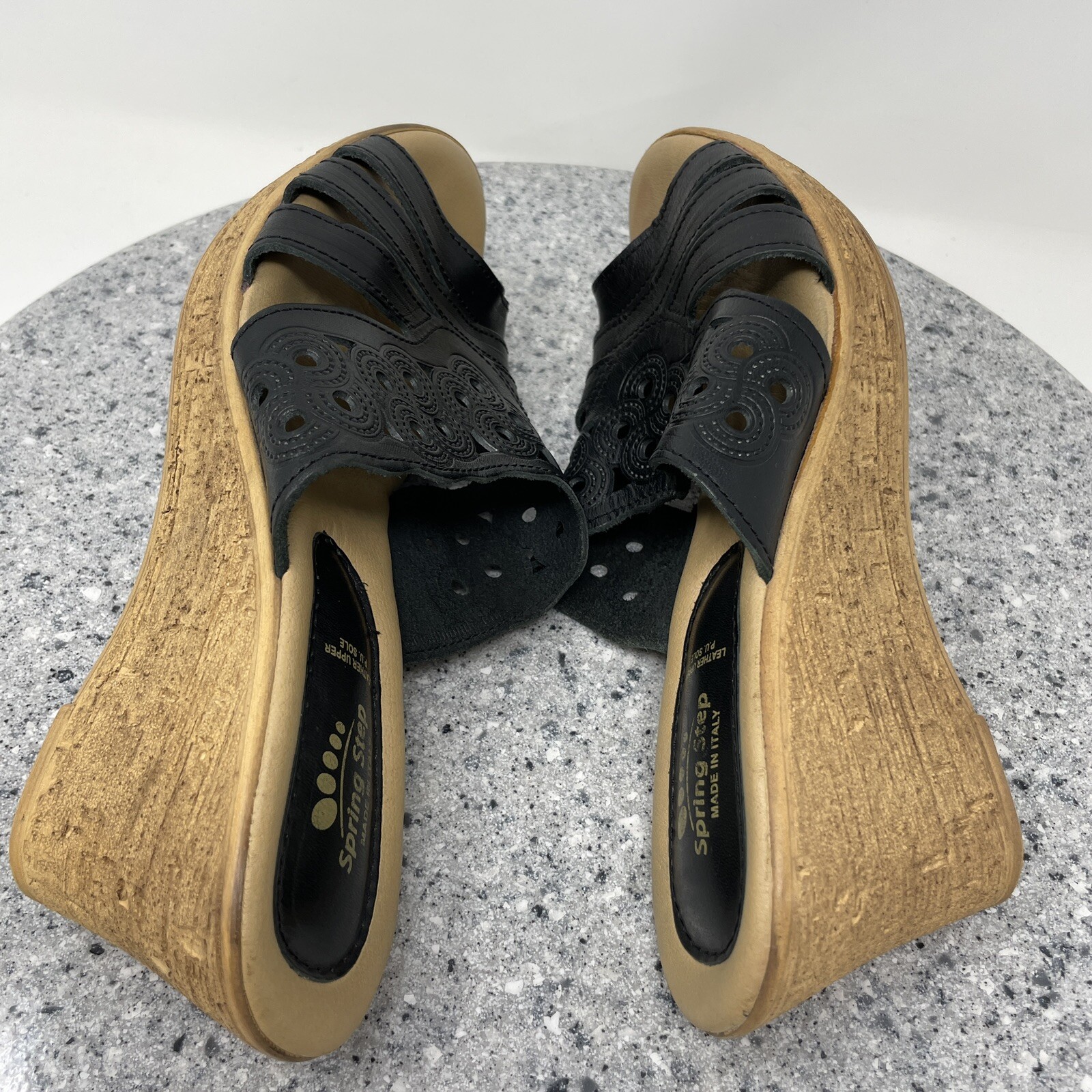 Spring Step Womens Sandals 9 Wedge Black Leather Slide On Shoes Open