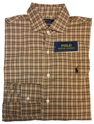 Polo Ralph Lauren Mens Long Sleeve Shirt Tan Brown Classic Fit
