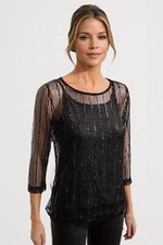 Sheer Mesh Shimmer Black Sparkle Party Top 3/4 Sleeve with Cami Top