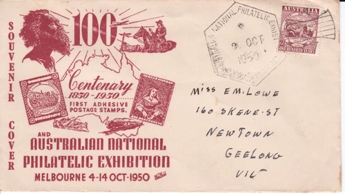AFD5300) Australia 1950 2½d Stamp Centenary on Wide World ANPEX cover. Addressed