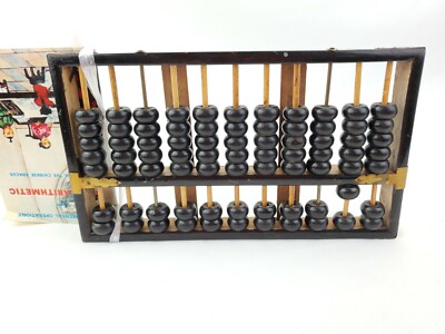 Vtg Abacus Lotus Flower Black Lacquer Wooden Brass 11 Rods 77 Beads Booklet 60s