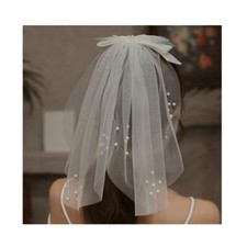 Wedding Bridal Veil White Pearl Tulle Short Veil Bow Knot 1 Tier Veils Bride ...