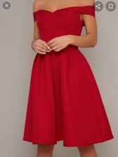 NWT Chi Chi London Jade Red Off the Shoulder Tea Fit And Flare Puffy Dress Satin