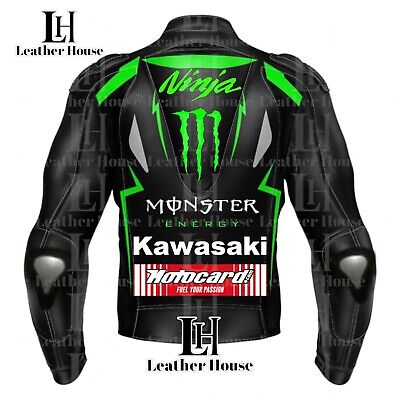 【KOOLOSET】Racing Leather Biker Jacket New Mens Kawasaki Leather Jacket Kawasaki Racing Jacket