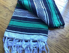 Green Mexican Falsa Blanket. Handwoven X-Large Cotton Yoga Mat Throw.