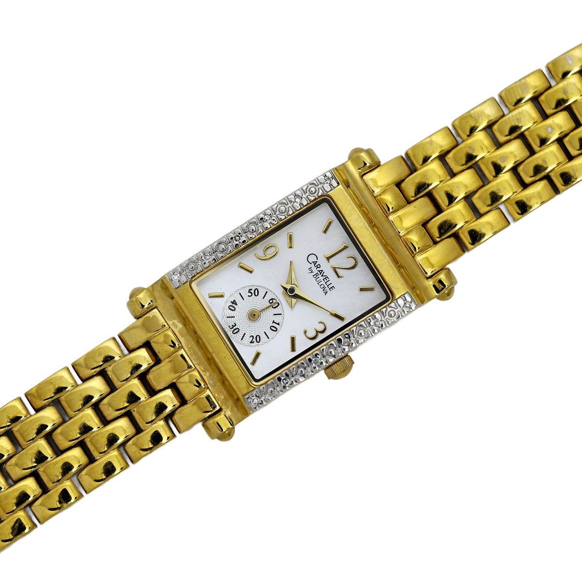 Caravelle Bulova Diamond Bezel White Dial Gold Vintage Ladies Tank 