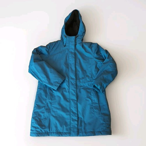 LL Bean Winter Warmer Jacket Coat Womens Large Petite Blue Hooded Sherpa Fleece