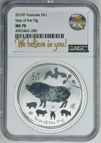 2019 Australia Lunar Year Of The Pig 1 oz .9999 Silver Coin NGC MS 70- 7K Label