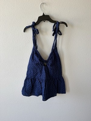 Sofia Jeans by Sofia Vergara Women s Blue Crochet Eyelet Tie-Strap Peplum Tank L