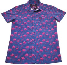 Retro Rifle Rising Palm Shirt Men's Medium Blue Fuchsia Button Up Stretch EUC