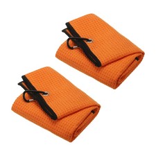 2Pcs, 20"x16" Tri-fold Golf Towel Microfiber Waffle Pattern Towels w Clip Orange