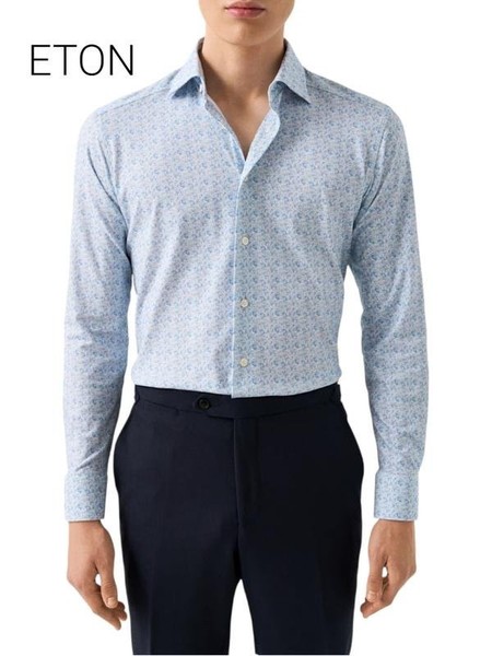 Men Eton Shirt Blue Cotton L