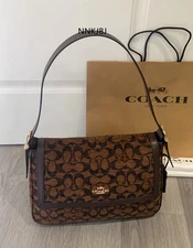 Coach ShoulderBag Etta Flap Bag Signature Chenille Brass/Trüf CCE58 NWT