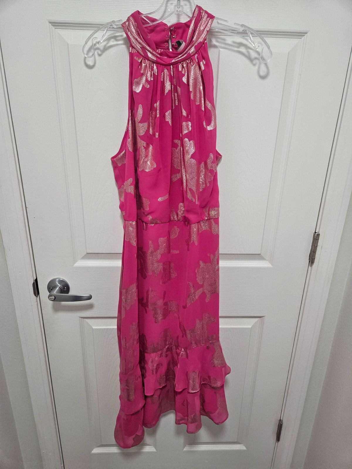 Adrianna Papell Pink Gold Metallic Floral Halter Cocktail Dress Size 12
