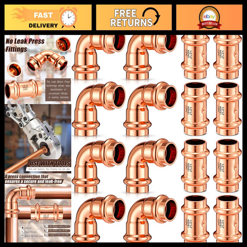 16 Pcs 1/2" Copper Pipe Press Fittings Set - 90ยฐ Elbow Couplings for Plumbing
