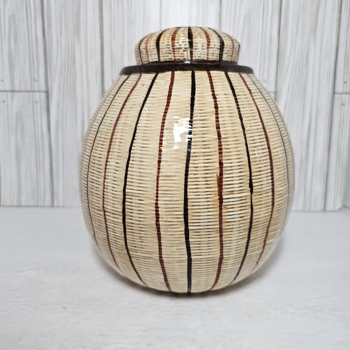 Ethan Allen Vintage Porcelain Basketweave Rattan Ginger Jar MCM