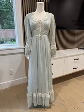 Vintage  70s Gunne Sax Light Blue Long Sleeve Prairie Maxi Lace Up Dress 7