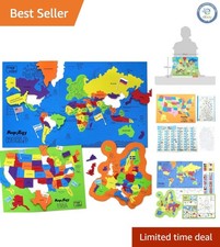 Educational USA and World Map Puzzle for Kids with Flags Stickers - Ages 5-13