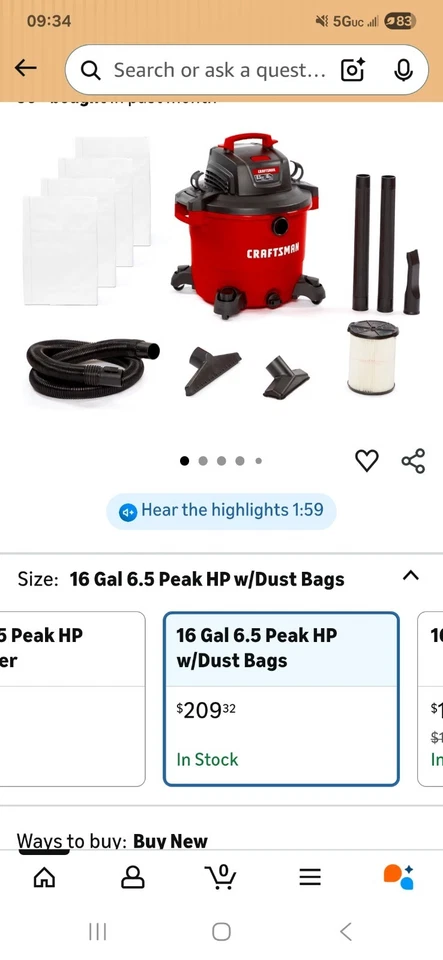 Aspiradora en húmedo/seco Craftsman CMXEVBE17595 16 galones 6,5 HP pico, aspiradora de taller de alta resistencia Foto 4 de 4