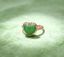 925 Sterling Silver Natural Jade Gemstone Ring Heart Shaped, Green Love Ring