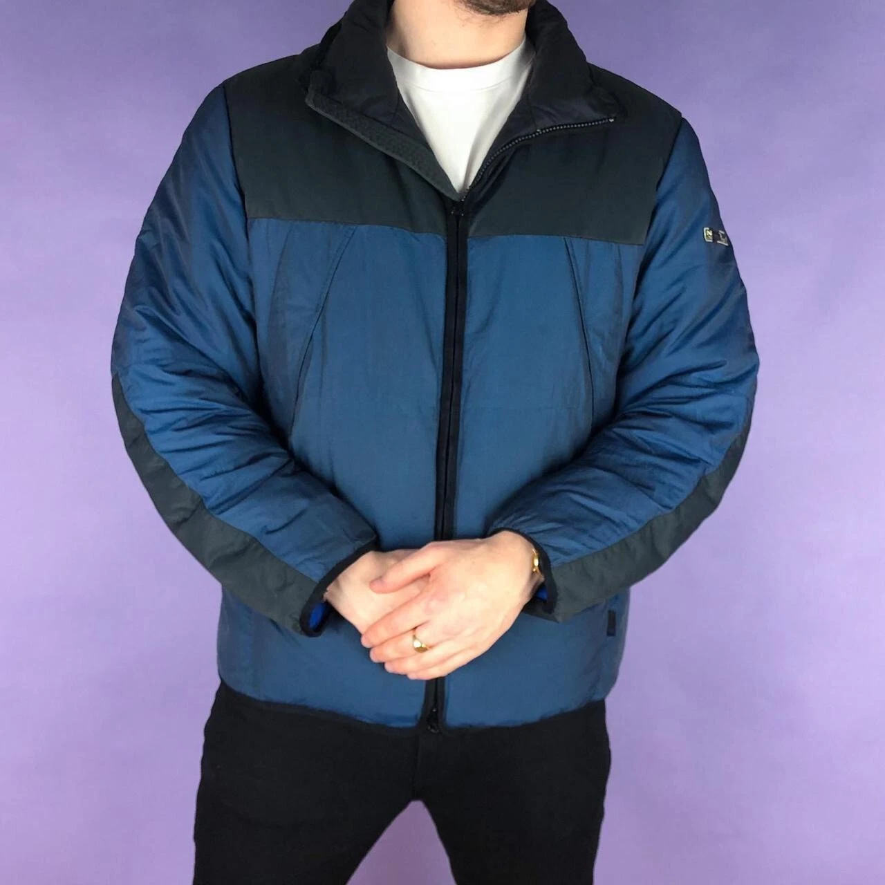 Vintage Nautica Competition Puffer Jacket, Blue/Black, Size Medium (JKT64)