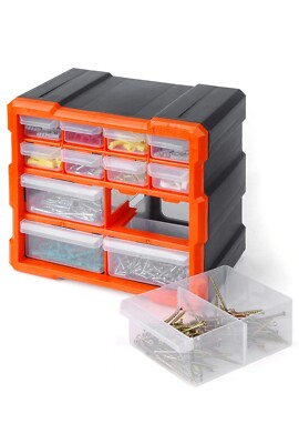 Tactix 320630 12-Drawer Cabinet Storage & Hardware Parts Organizer Black/Orange