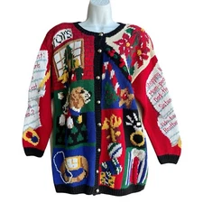 Vintage 90s EAGLES EYE Ugly Sweater Cardigan Size M Dog Cat Christmas Hand Knit