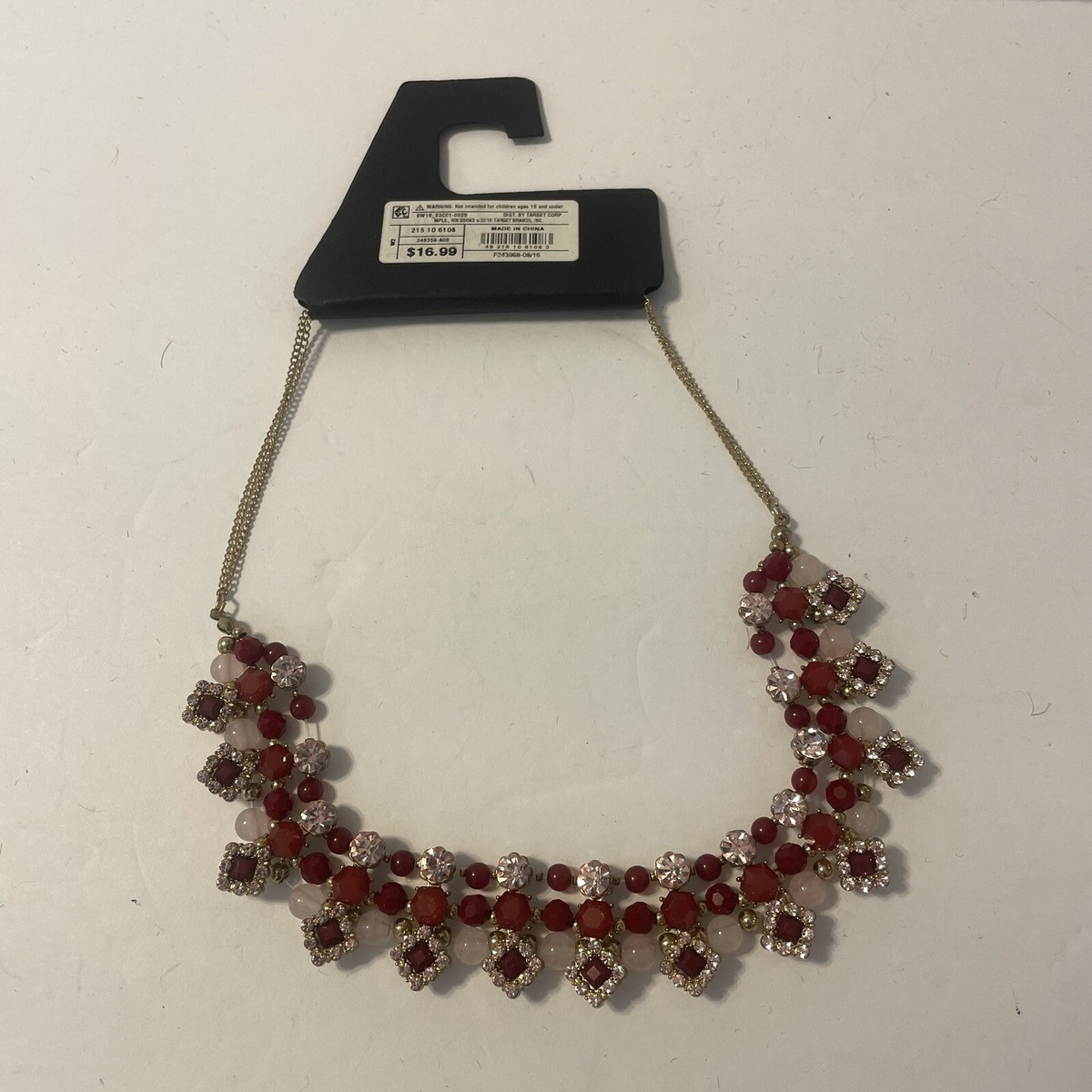 Express Red Gold Pink Jeweled Statement Necklace Costume Jewelry