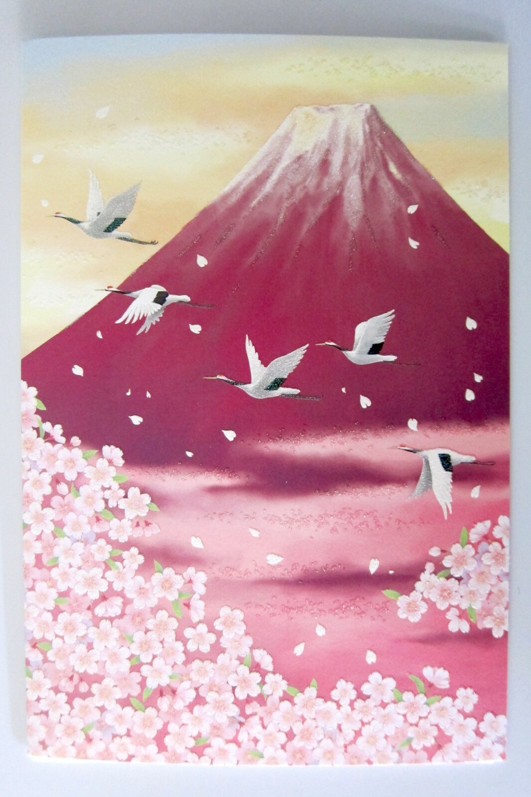 Japanese Import Greeting Card Dark Pink Mt Fuji Cranes Watermarked Paper Insert